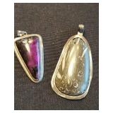 Sterling Silver Pendants - Purple Stone Cabochon & Engraved Gray Stone