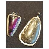 Sterling Silver Pendants - Purple Stone Cabochon & Engraved Gray Stone