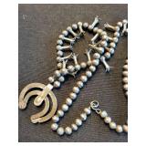 Turquoise Horseshoe Pendant Necklace on Silver Bead Chain (Double-Strand)