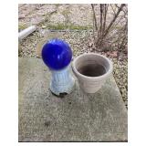 Blue Glass Gazing Ball on Ornate Pedestal & Beige Planter Blue Glass Gazing Ball on Ornate Pedestal & Beige Planter
