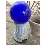 Blue Glass Gazing Ball on Ornate Pedestal & Beige Planter Blue Glass Gazing Ball on Ornate Pedestal & Beige Planter