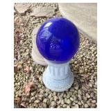 Blue Glass Gazing Ball on Ornate Pedestal & Beige Planter Blue Glass Gazing Ball on Ornate Pedestal & Beige Planter