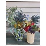 Ceramic Vases - Pair with Blue Grapes Pattern & Dried Floral Arrangements Ceramic Vases - Pair with Blue Grapes Pattern & Dried Floral Arrangements