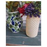 Ceramic Vases - Pair with Blue Grapes Pattern & Dried Floral Arrangements Ceramic Vases - Pair with Blue Grapes Pattern & Dried Floral Arrangements