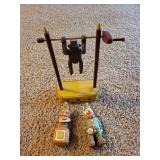 Hand-Carved Wooden Circus Figure Set - Gorilla on Bar with Clowns Hand-Carved Wooden Circus Figure Set - Gorilla on Bar with Clowns