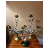 Brass Floral Candelabra Pair with Frosted Glass Lily Accents Brass Floral Candelabra Pair with Frosted Glass Lily Accents
