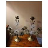 Brass Floral Candelabra Pair with Frosted Glass Lily Accents Brass Floral Candelabra Pair with Frosted Glass Lily Accents