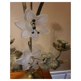 Brass Floral Candelabra Pair with Frosted Glass Lily Accents Brass Floral Candelabra Pair with Frosted Glass Lily Accents