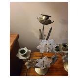 Brass Floral Candelabra Pair with Frosted Glass Lily Accents Brass Floral Candelabra Pair with Frosted Glass Lily Accents