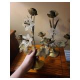 Brass Floral Candelabra Pair with Frosted Glass Lily Accents Brass Floral Candelabra Pair with Frosted Glass Lily Accents