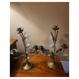 Brass Floral Candelabra Pair with Frosted Glass Lily Accents Brass Floral Candelabra Pair with Frosted Glass Lily Accents