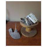 Fossil & Geology Specimens - Assorted Fragments on Vintage Wooden Spool Stand Fossil & Geology Specimens - Assorted Fragments on Vintage Wooden Spool Stand