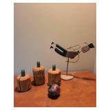 Folk Art Halloween Scene: Metal Figure & 3 Carved Wood pumpkins Folk Art Halloween Scene: Metal Figure & 3 Carved Wood pumpkins