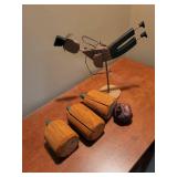 Folk Art Halloween Scene: Metal Figure & 3 Carved Wood pumpkins Folk Art Halloween Scene: Metal Figure & 3 Carved Wood pumpkins