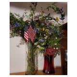 Floral Centerpiece in Glass Vase with American Flags - Mixed Wildflowers Floral Centerpiece in Glass Vase with American Flags - Mixed Wildflowers