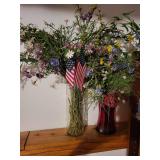 Floral Centerpiece in Glass Vase with American Flags - Mixed Wildflowers Floral Centerpiece in Glass Vase with American Flags - Mixed Wildflowers