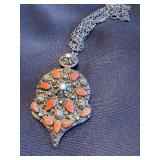 Antique silver tabzimt pendant with filigree and enamel detail - coral teardrops Antique silver tabzimt pendant with filigree and enamel detail - coral teardrops