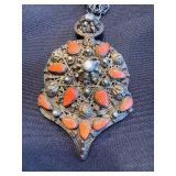 Antique silver tabzimt pendant with filigree and enamel detail - coral teardrops Antique silver tabzimt pendant with filigree and enamel detail - coral teardrops