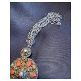 Antique silver tabzimt pendant with filigree and enamel detail - coral teardrops Antique silver tabzimt pendant with filigree and enamel detail - coral teardrops