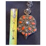 Antique silver tabzimt pendant with filigree and enamel detail - coral teardrops Antique silver tabzimt pendant with filigree and enamel detail - coral teardrops