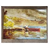 Impressionist Lake Landscape Canvas - Man in White Hat on Red Boat (approx 40 in wide) Impressionist Lake Landscape Canvas - Man in White Hat on Red Boat (approx 40 in wide)