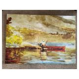 Impressionist Lake Landscape Canvas - Man in White Hat on Red Boat (approx 40 in wide) Impressionist Lake Landscape Canvas - Man in White Hat on Red Boat (approx 40 in wide)