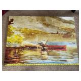 Impressionist Lake Landscape Canvas - Man in White Hat on Red Boat (approx 40 in wide) Impressionist Lake Landscape Canvas - Man in White Hat on Red Boat (approx 40 in wide)