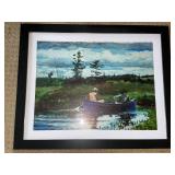 Framed Landscape Print - Two Men in Blue Rowboat on a Lake Framed Landscape Print - Two Men in Blue Rowboat on a Lake