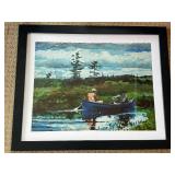 Framed Landscape Print - Two Men in Blue Rowboat on a Lake Framed Landscape Print - Two Men in Blue Rowboat on a Lake