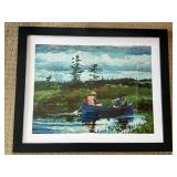 Framed Landscape Print - Two Men in Blue Rowboat on a Lake Framed Landscape Print - Two Men in Blue Rowboat on a Lake