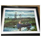 Framed Landscape Print - Two Men in Blue Rowboat on a Lake Framed Landscape Print - Two Men in Blue Rowboat on a Lake