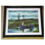 Framed Landscape Print - Two Men in Blue Rowboat on a Lake Framed Landscape Print - Two Men in Blue Rowboat on a Lake
