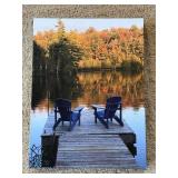 Lakeside Dock Scene Canvas Print - 2 Blue Adirondack Chairs, Autumn Trees Lakeside Dock Scene Canvas Print - 2 Blue Adirondack Chairs, Autumn Trees