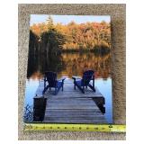 Lakeside Dock Scene Canvas Print - 2 Blue Adirondack Chairs, Autumn Trees Lakeside Dock Scene Canvas Print - 2 Blue Adirondack Chairs, Autumn Trees