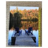 Lakeside Dock Scene Canvas Print - 2 Blue Adirondack Chairs, Autumn Trees Lakeside Dock Scene Canvas Print - 2 Blue Adirondack Chairs, Autumn Trees