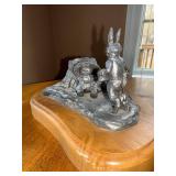 Pewter-Tone Rabbit & Adventurer Diorama on Wood Base Pewter-Tone Rabbit & Adventurer Diorama on Wood Base