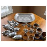 Vintage Pewter Napkin Rings in Animal, Dragonfly & Bee Shapes with Decorative Tray Vintage Pewter Napkin Rings in Animal, Dragonfly & Bee Shapes with Decorative Tray