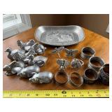 Vintage Pewter Napkin Rings in Animal, Dragonfly & Bee Shapes with Decorative Tray Vintage Pewter Napkin Rings in Animal, Dragonfly & Bee Shapes with Decorative Tray