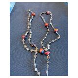 Necklace - Oval Wooden Pendant Beaded with Red Accent Beads