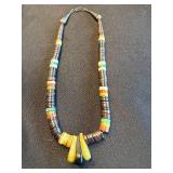 African Bead Necklace - Dark Disc Beads with Multicolor Ring Spacers & Pendant