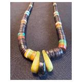 African Bead Necklace - Dark Disc Beads with Multicolor Ring Spacers & Pendant