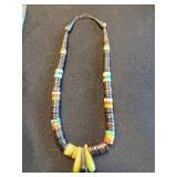 African Bead Necklace - Dark Disc Beads with Multicolor Ring Spacers & Pendant