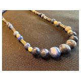Blue Stone Bead Necklace with Gold-Tone Spacers and Large Center Bead