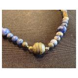Blue Stone Bead Necklace with Gold-Tone Spacers and Large Center Bead