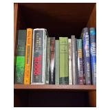 Books - Assorted Paperback & Hardcover Collection on Wood Shelf Books - Assorted Paperback & Hardcover Collection on Wood Shelf