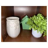 White Ceramic Vase with Leaf Motif & Jade Plant in White Pot & Green Birdhouse White Ceramic Vase with Leaf Motif & Jade Plant in White Pot & Green Birdhouse