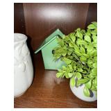 White Ceramic Vase with Leaf Motif & Jade Plant in White Pot & Green Birdhouse White Ceramic Vase with Leaf Motif & Jade Plant in White Pot & Green Birdhouse