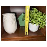 White Ceramic Vase with Leaf Motif & Jade Plant in White Pot & Green Birdhouse White Ceramic Vase with Leaf Motif & Jade Plant in White Pot & Green Birdhouse
