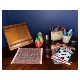 Wooden Box with Metal Straps, Duck Decoy, Scotch Tape Dispenser, Map Desk Organizer & Crosswords Wooden Box with Metal Straps, Duck Decoy, Scotch Tape Dispenser, Map Desk Organizer & Crosswords