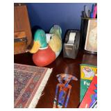 Wooden Box with Metal Straps, Duck Decoy, Scotch Tape Dispenser, Map Desk Organizer & Crosswords Wooden Box with Metal Straps, Duck Decoy, Scotch Tape Dispenser, Map Desk Organizer & Crosswords